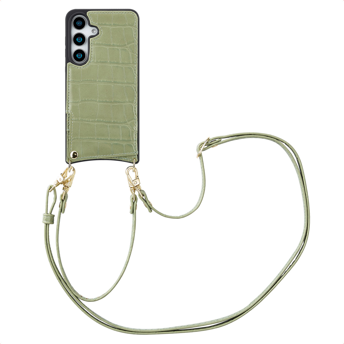 Groene leren telefoonhoes met een riem. Gouden sluitingen.