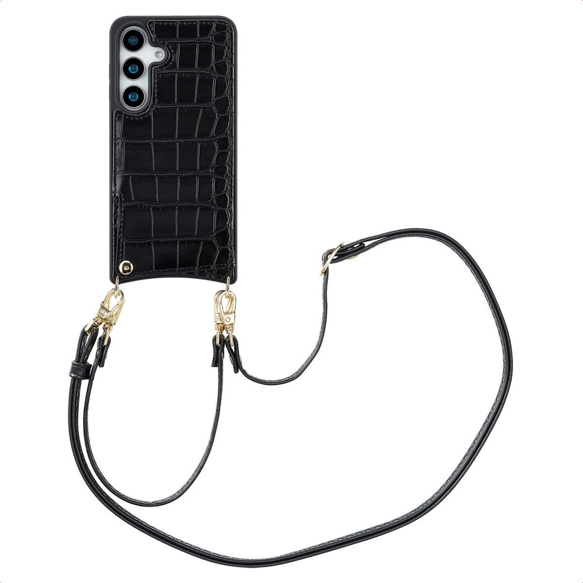 Coque de téléphone noire avec sangle. La coque a une texture peau de crocodile.