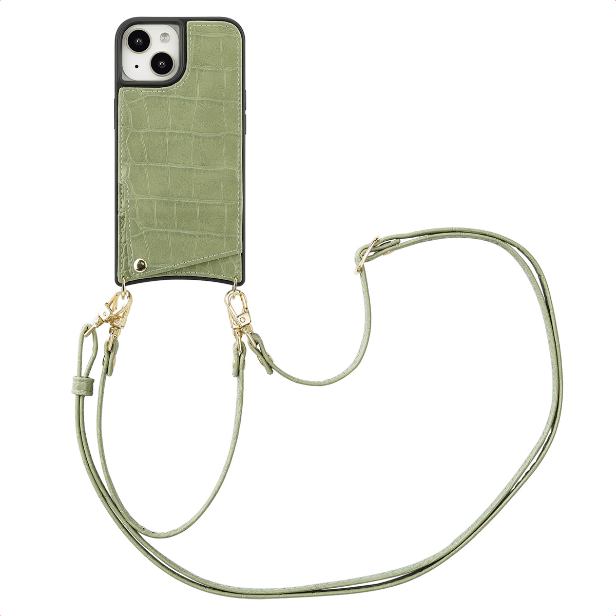 Phone case with green crocodile pattern and lanyard.