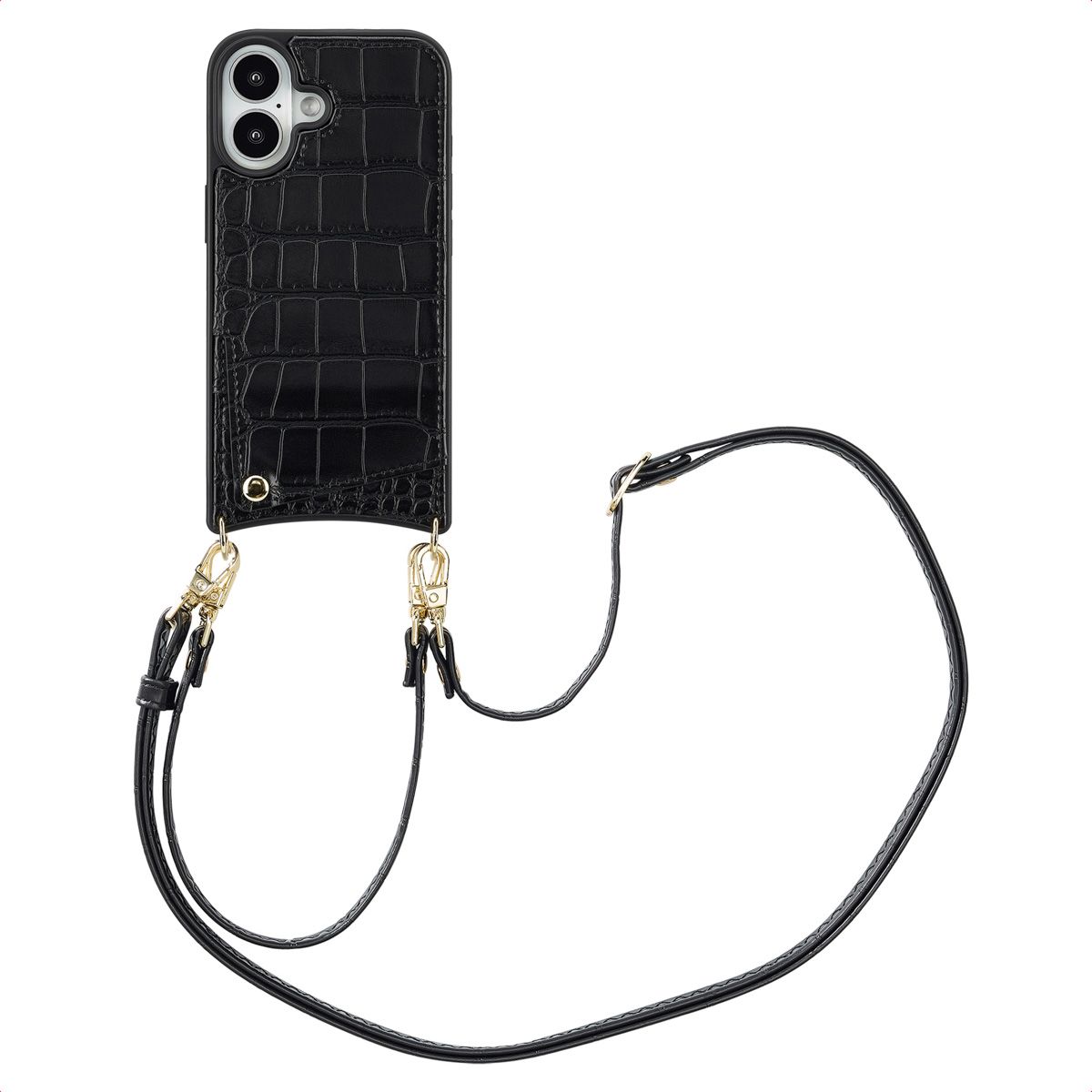 Zwarte telefoonhoes met krokodillenpatroon en gouden accenten. Inclusief riem.