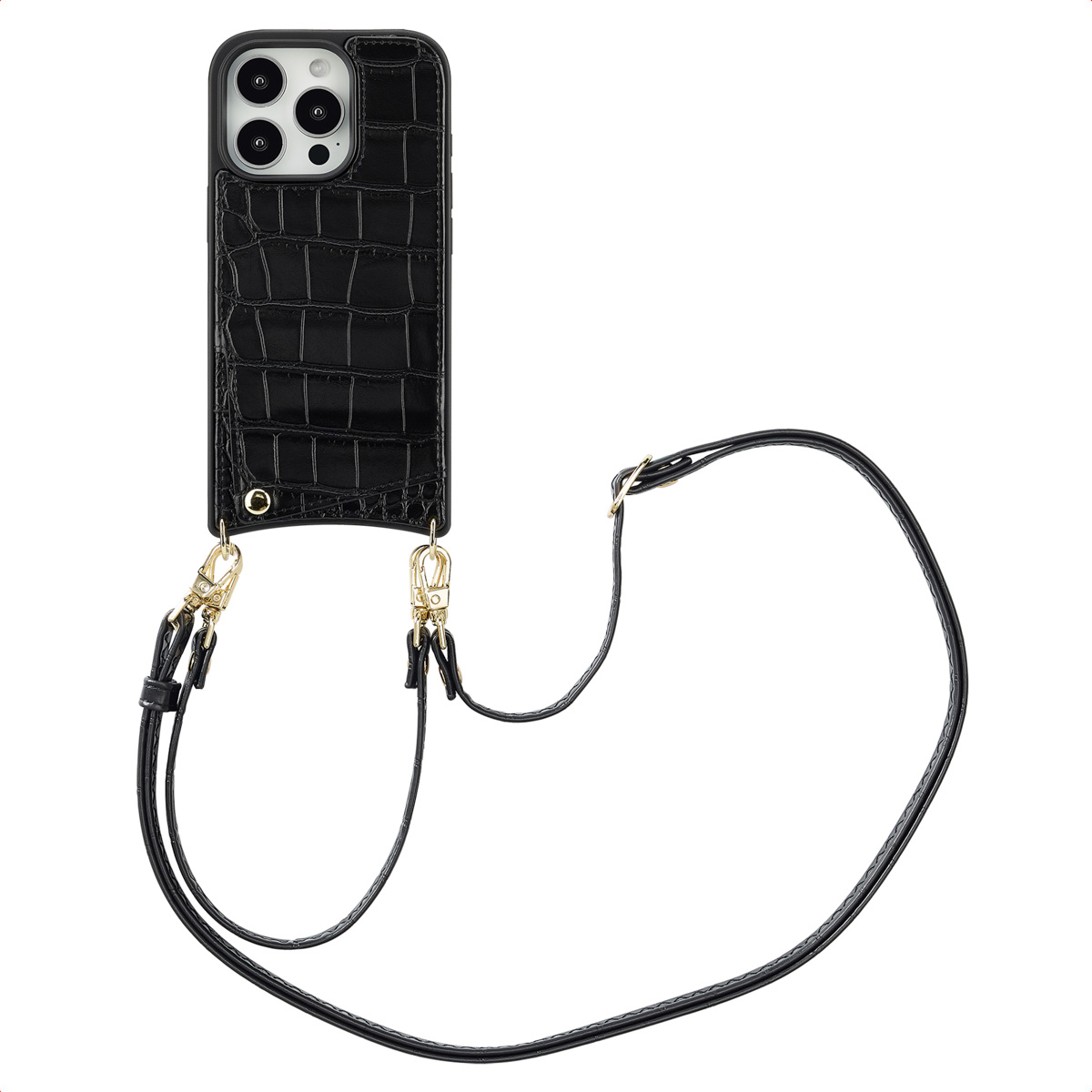 Zwarte telefoonhoes met een band. De hoes heeft een krokodillenleertextuur. Heeft gouden sluitingen.