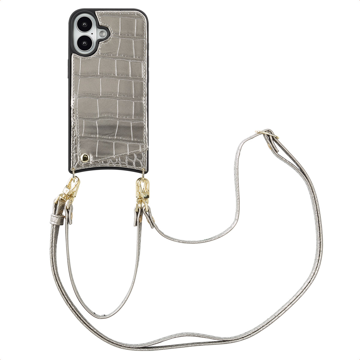 Zilveren telefoonhoesje met krokodillenpatroon en een bandje. De hoes heeft een camera-uitsparing.