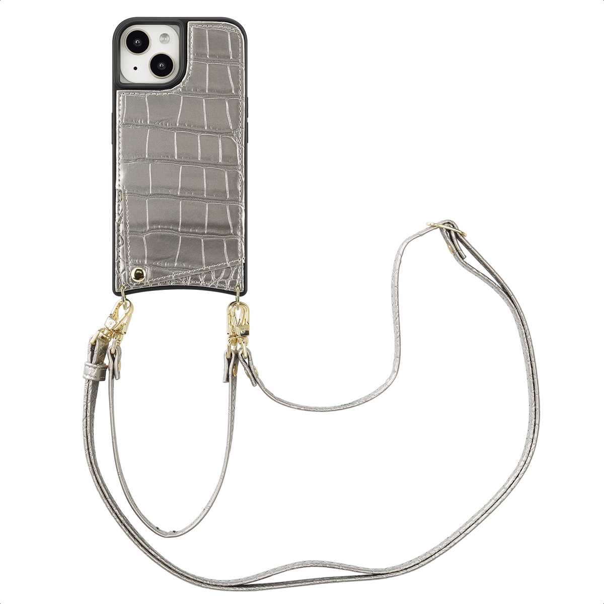 Silver phone case with a crocodile texture, a card slot, and a silver strap.