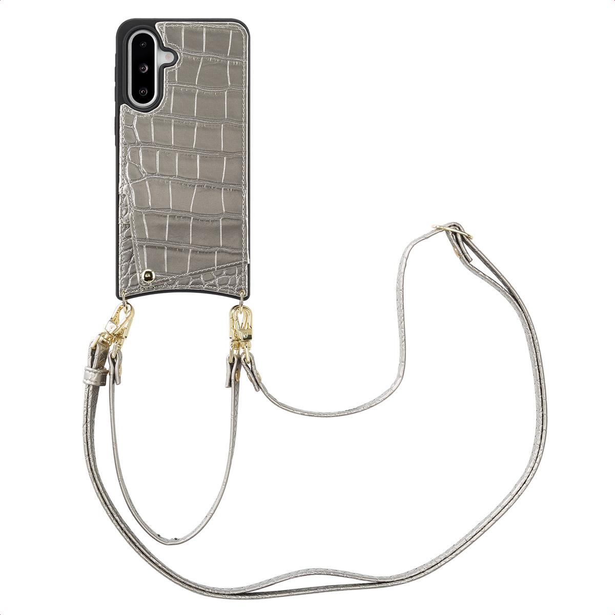Un étui de téléphone argenté avec une sangle, sur fond blanc.