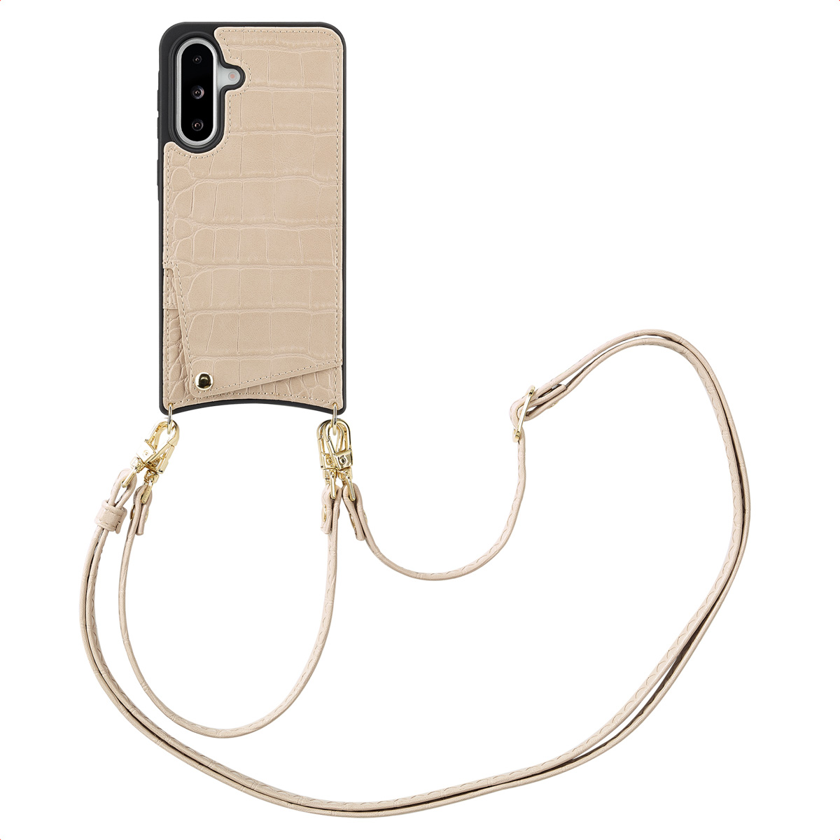 Un étui de téléphone beige avec une sangle. L'étui a une texture de peau de crocodile.