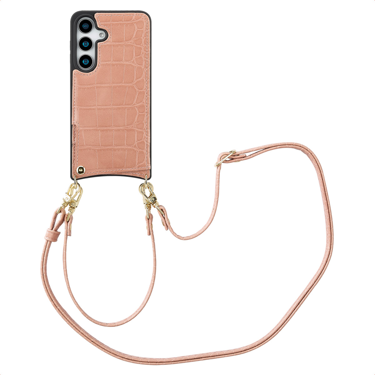 Een roze telefoonhoesje met een bandje, op een witte achtergrond.