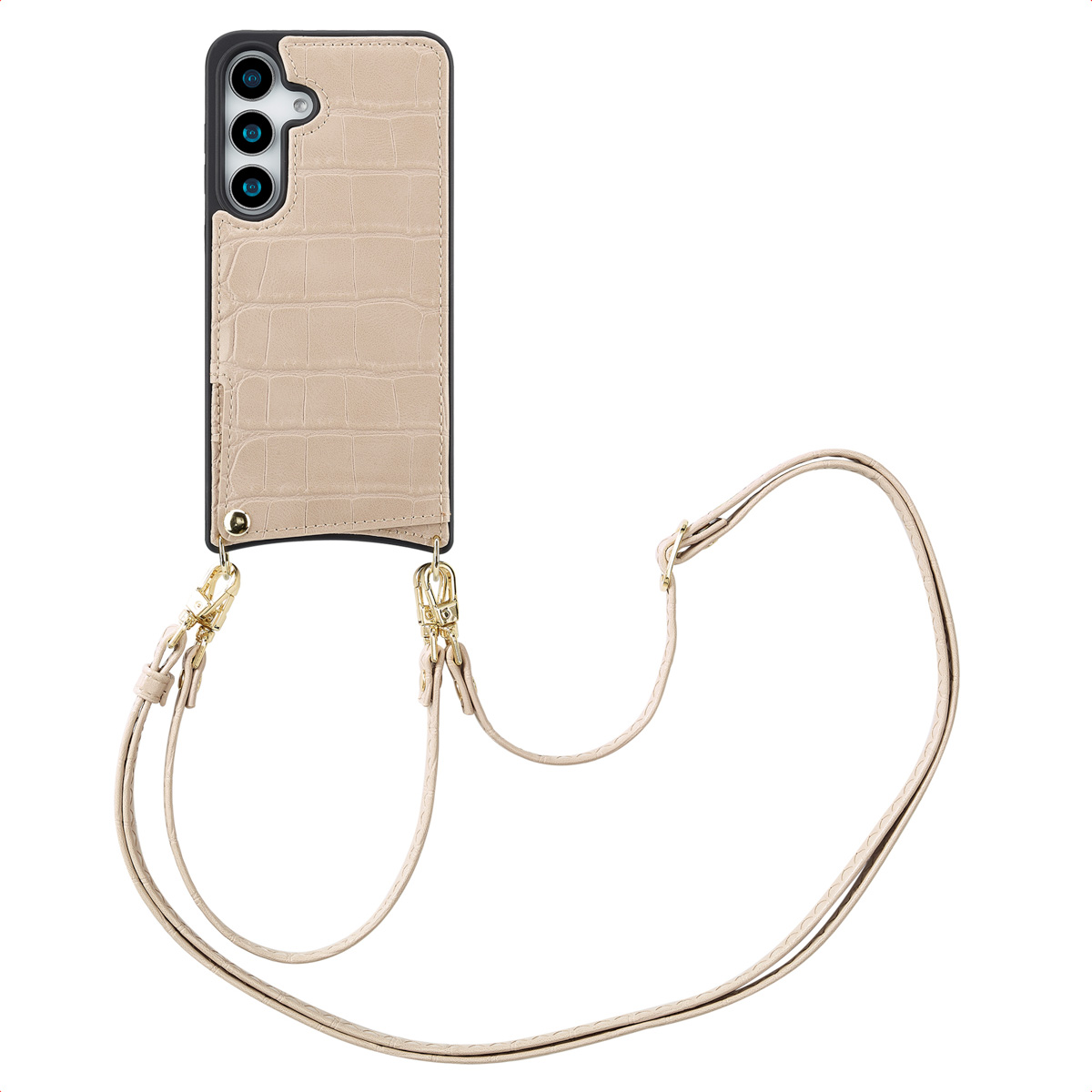 Beige telefoonhoesje met riem. Een telefoon met drie camera's is zichtbaar.