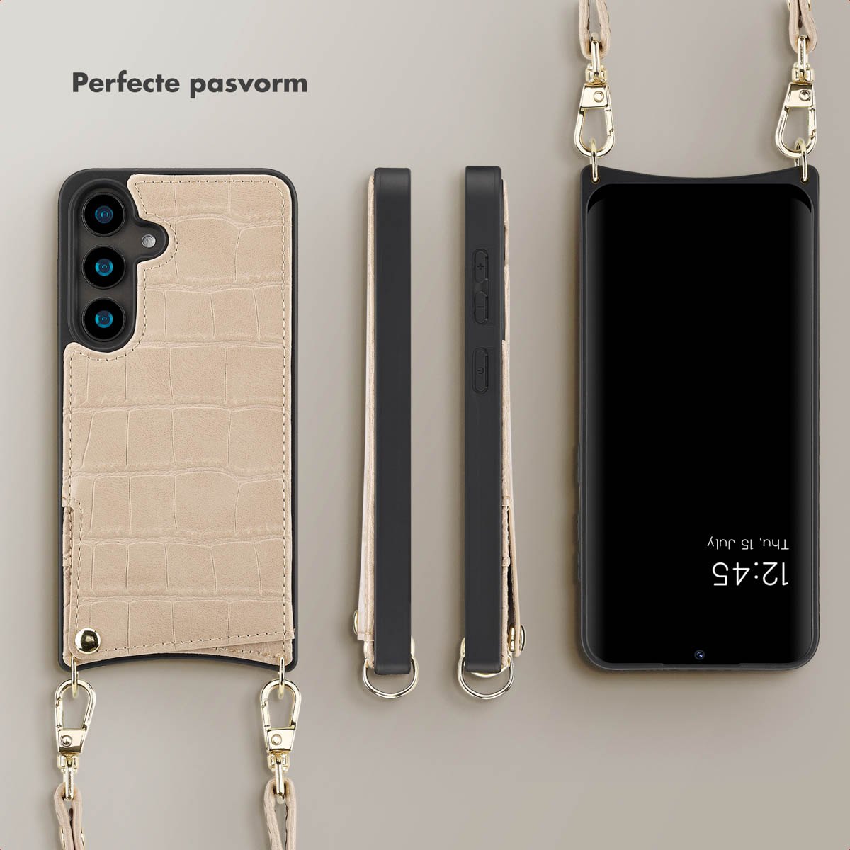 Een telefoonhoesje met een krokodillenstructuur, een riem en een telefoon met een datum op het scherm.