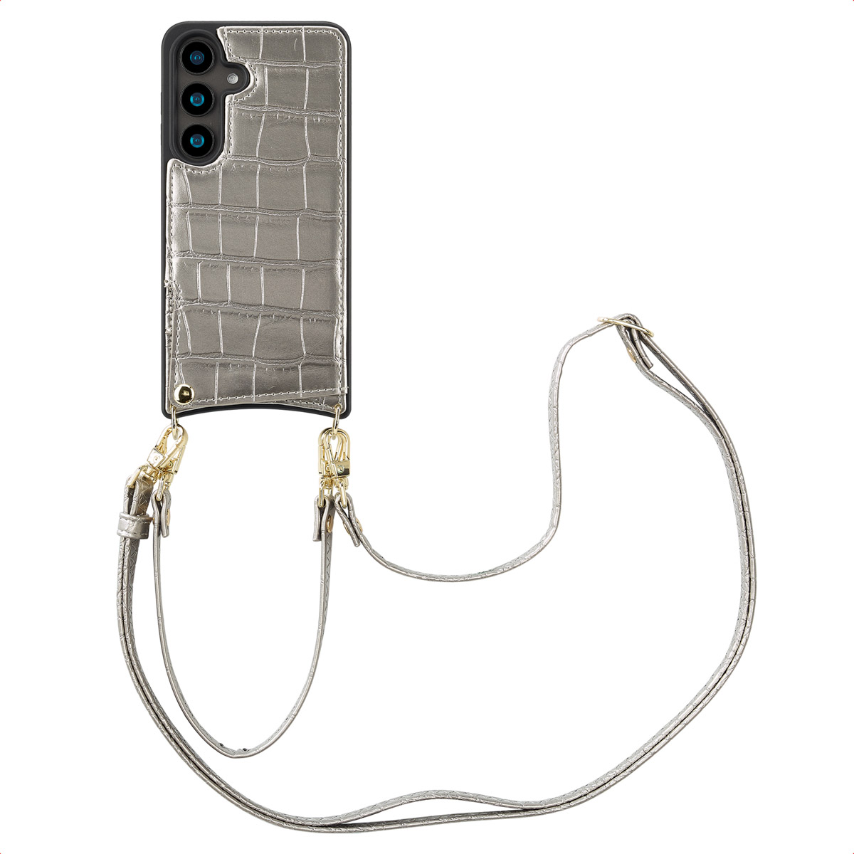 Zilveren telefoonhoesje met een bandje, met een krokodillenleerpatroon. De band is ook zilver.