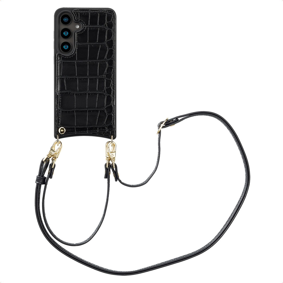 Zwarte telefoonhoes met een bandje, met een krokodillenleerpatroon. De band is zwart.