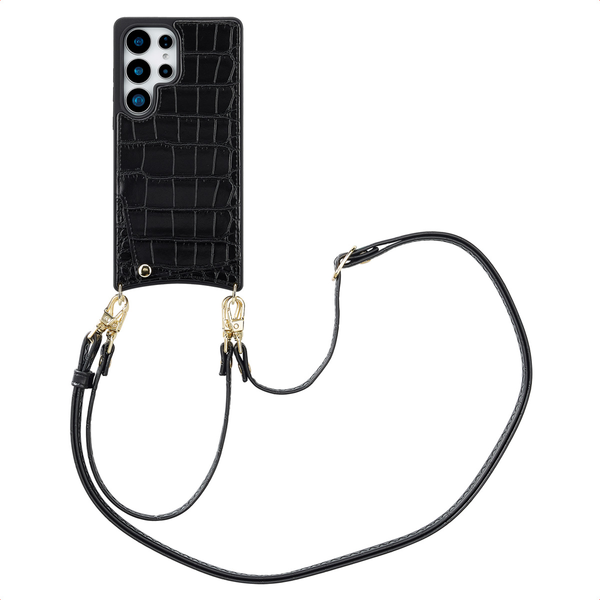 Zwart telefoonhoesje met een bandje.