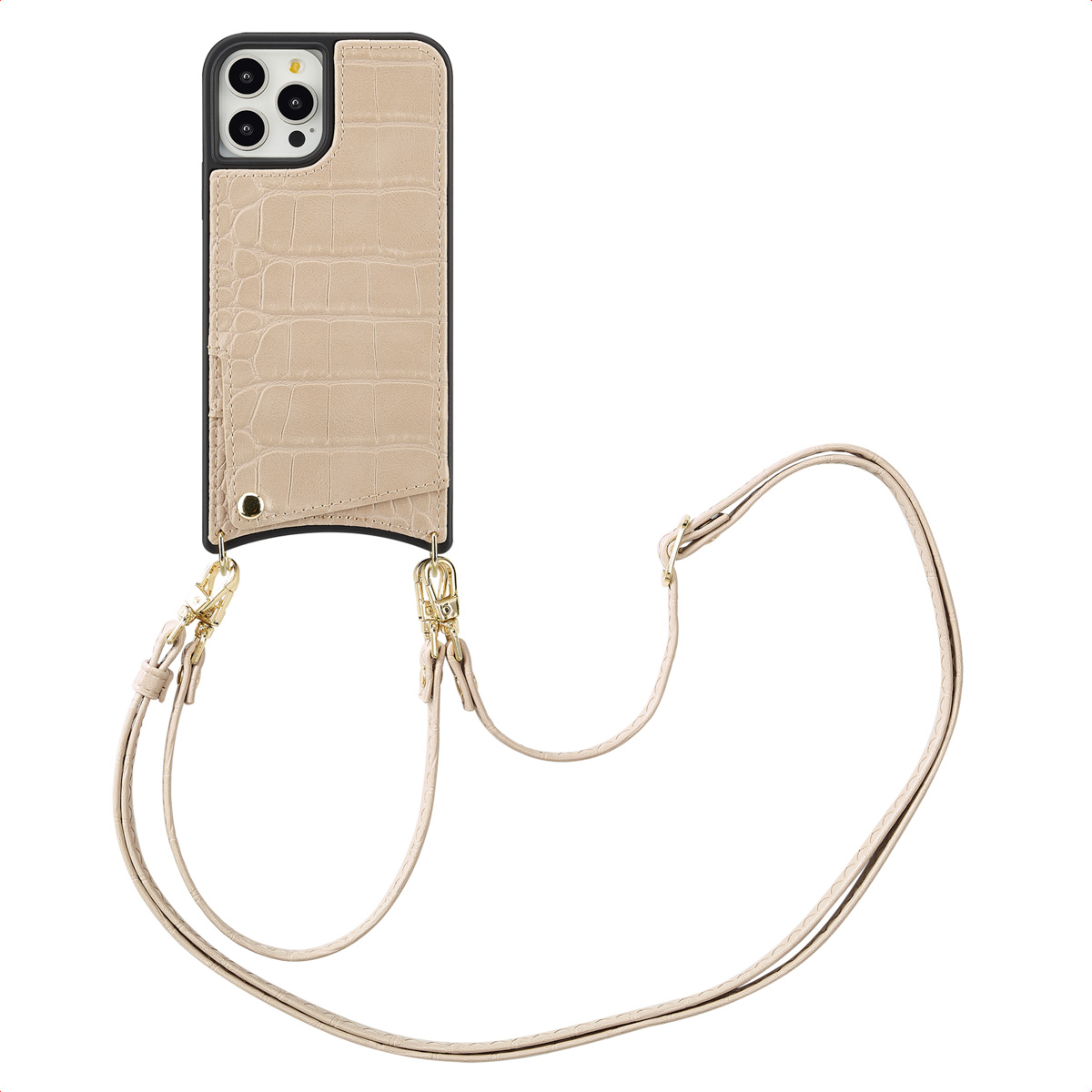 Beige leren telefoonhoesje met koord en krokodillenpatroon. Heeft een kaartsleuf en zwarte camera.