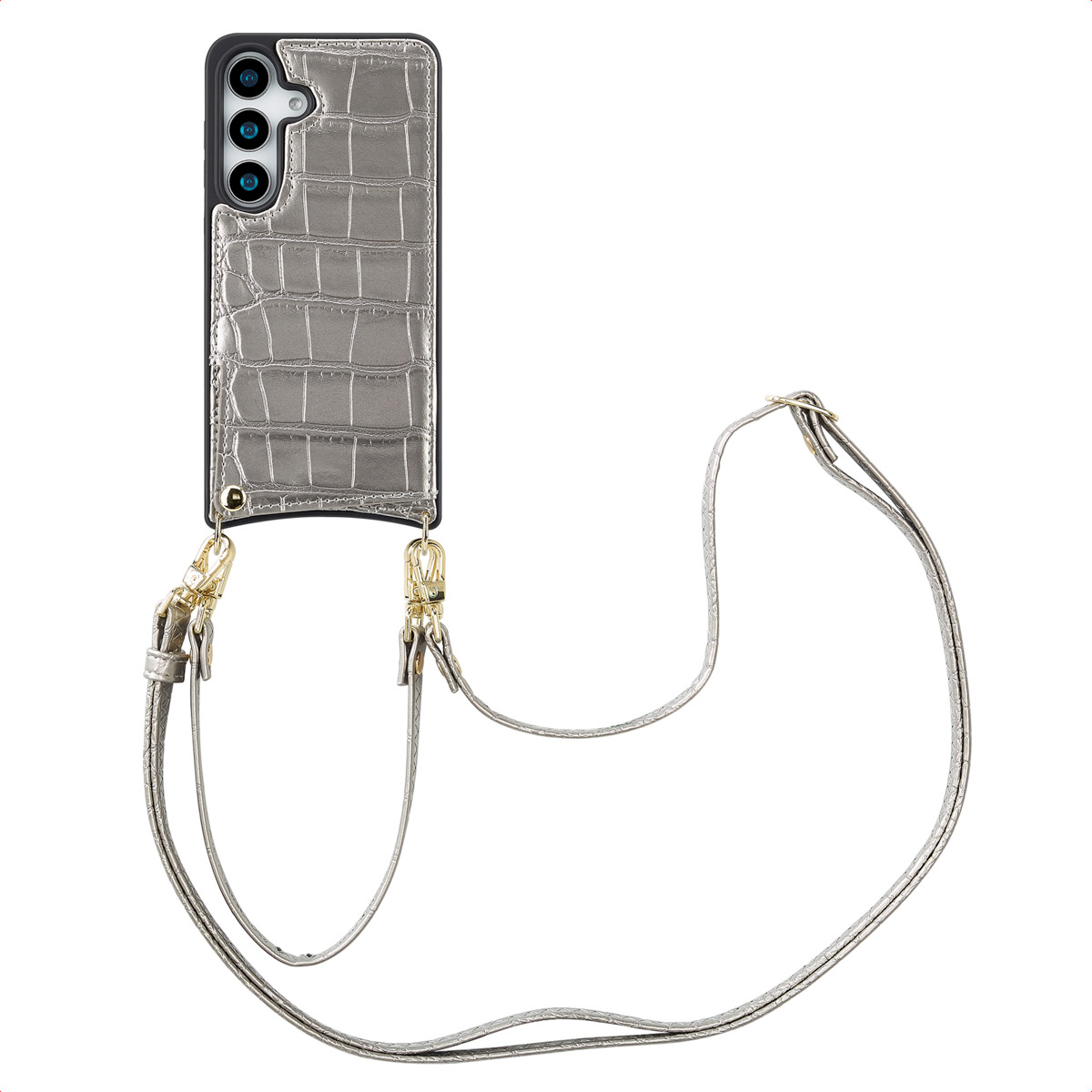 Een zilveren telefoonhoes met koord wordt getoond.
