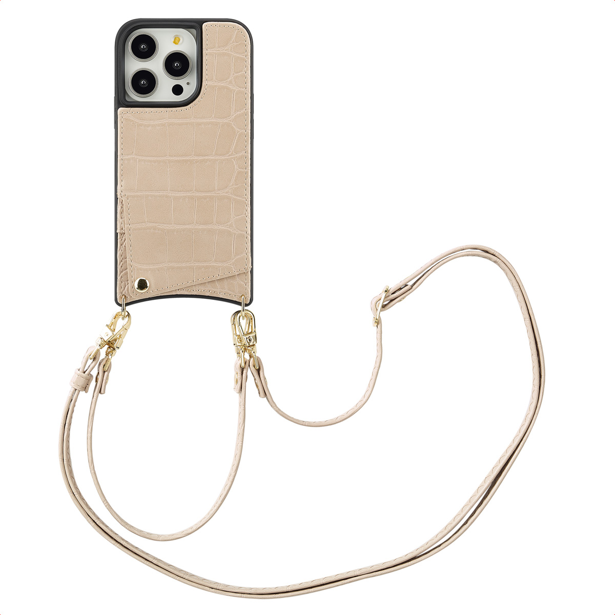 Coque de téléphone beige avec une sangle. Comprend un porte-cartes, une texture peau de crocodile et une quincaillerie dorée.