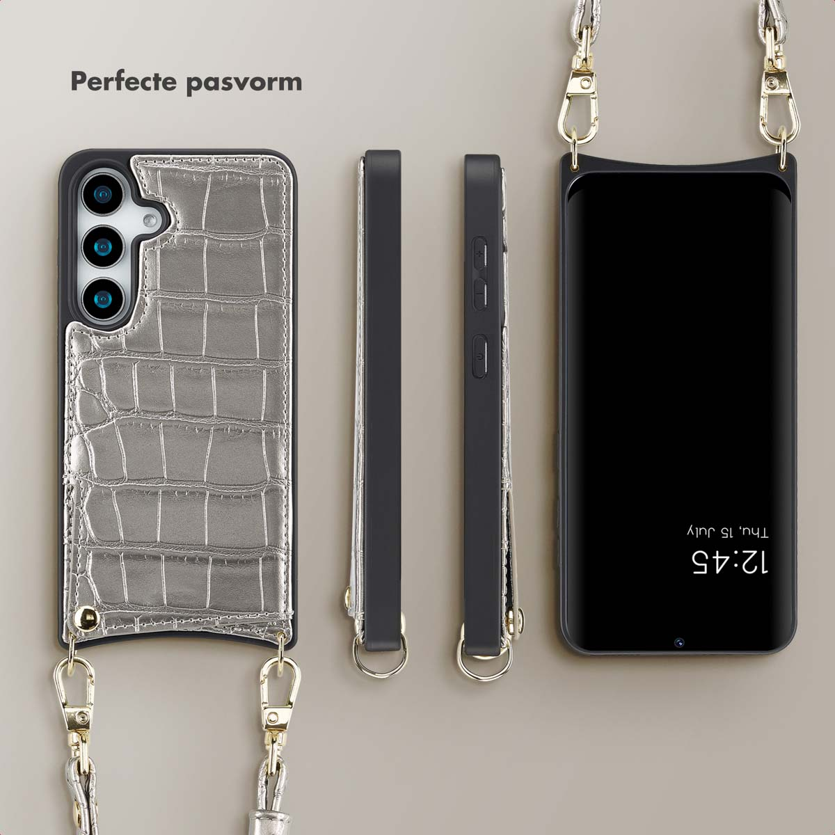 Zilveren telefoonhoes met krokodillenstructuur met telefoon en riem. Zijaanzichten van de hoes. Gouden riembevestigingen.