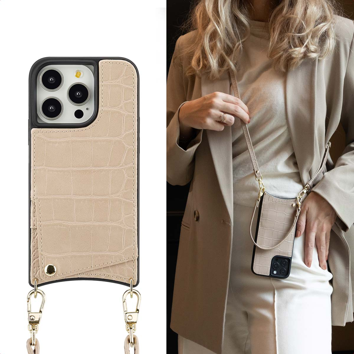Une femme tient un étui de téléphone avec une sangle. L'étui est beige avec un motif crocodile. La sangle est dorée.