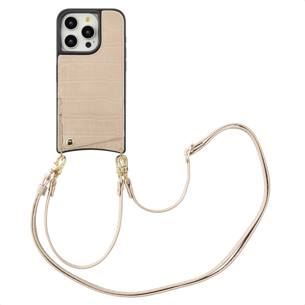 Beige telefoonhoesje met een bandje. De hoes heeft een krokodillenpatroon en camera-uitsparingen.