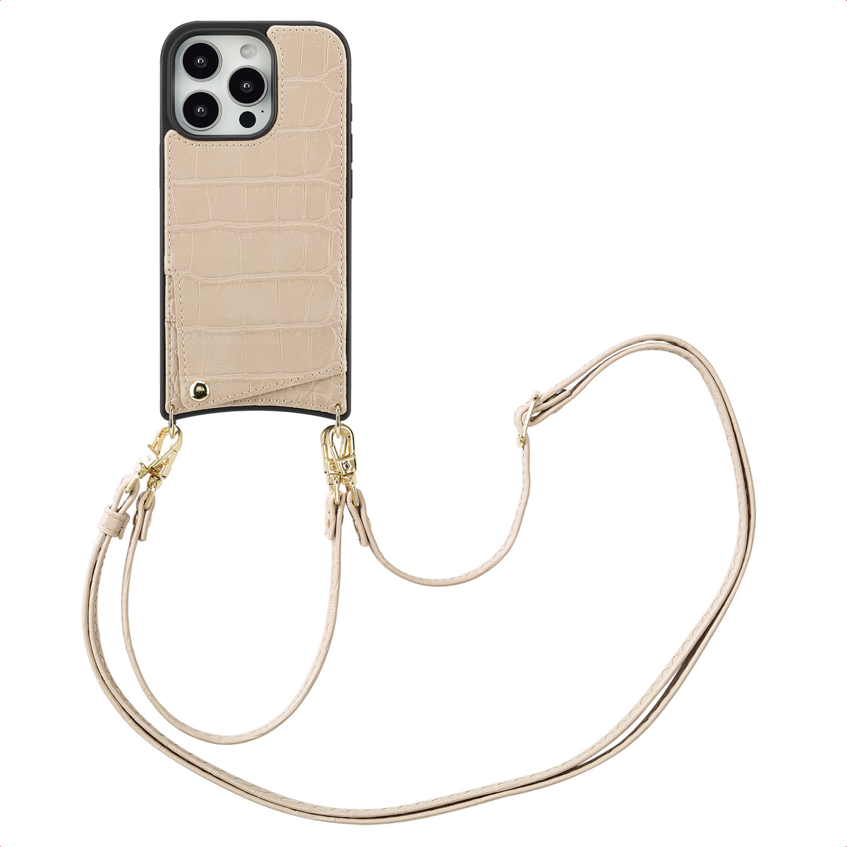 Een beige telefoonhoesje met een kaartsleuf, bevestigd aan een beige band. Het hoesje heeft een krokodillenpatroon.