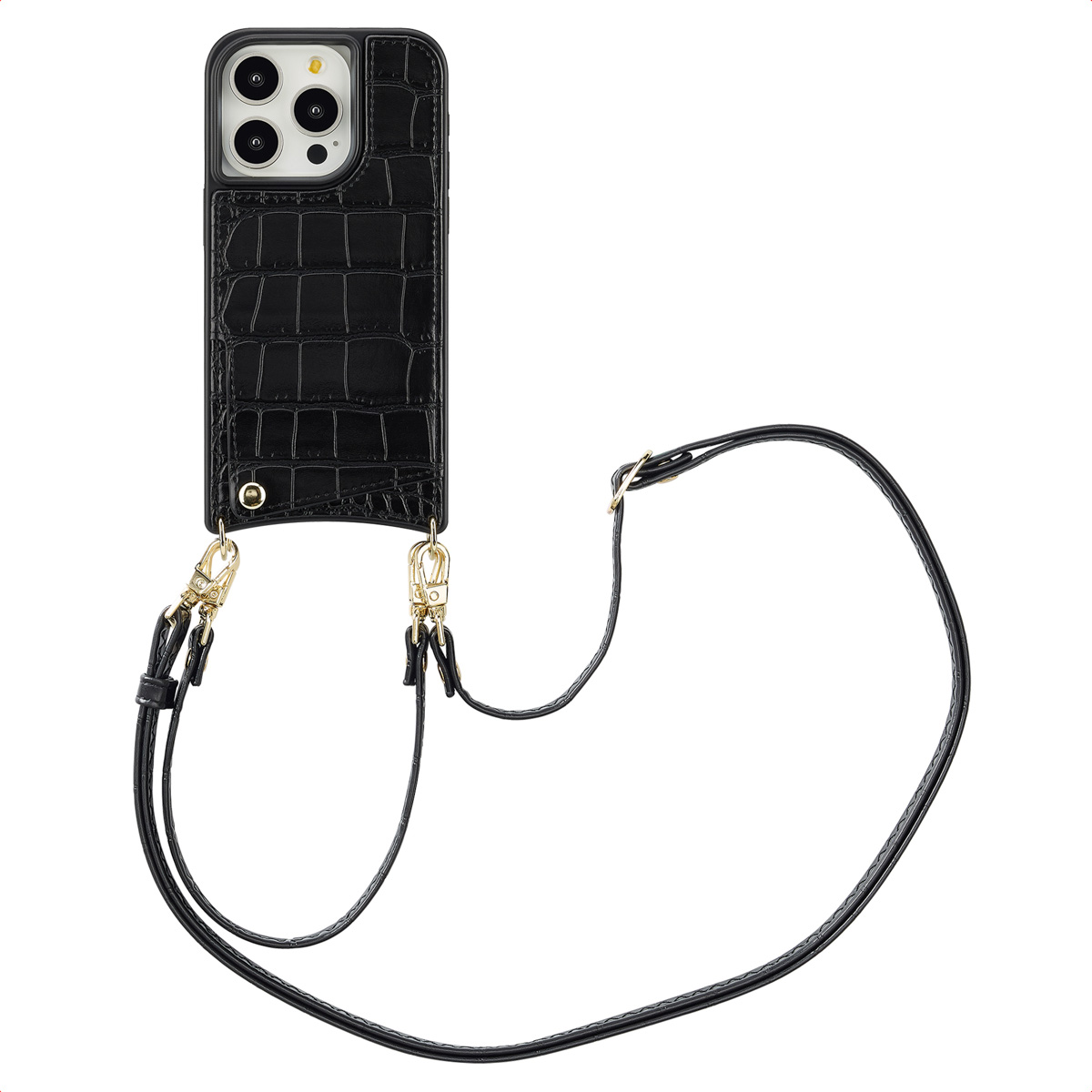 Étui noir avec lanière en cuir, fermoirs dorés et texture crocodile.