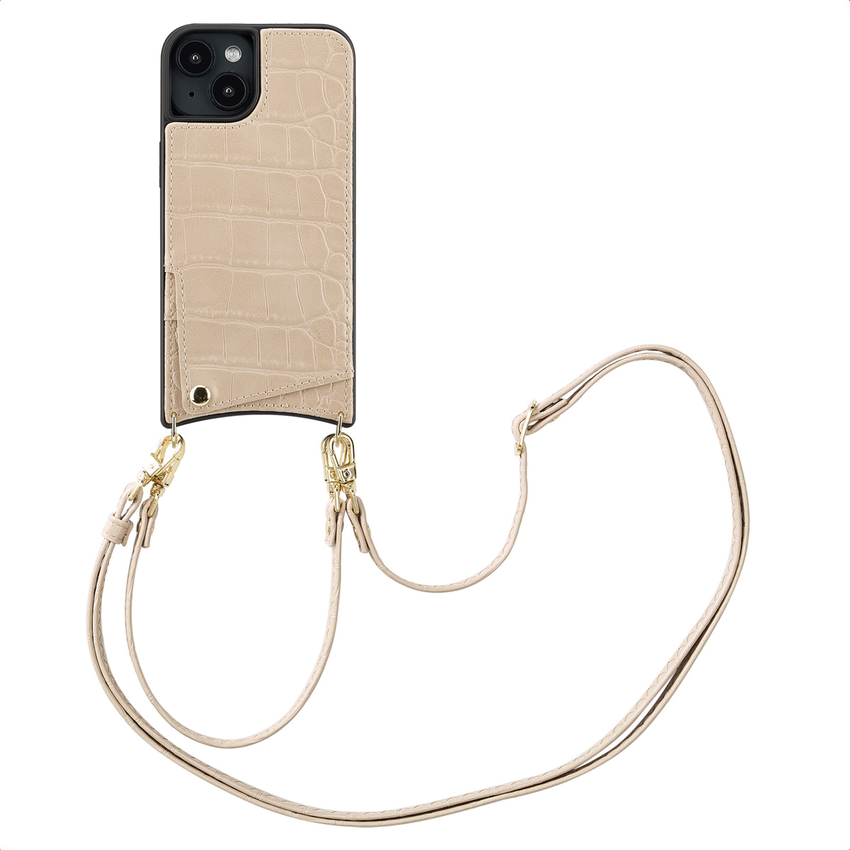 Beige telefoonhoesje met krokodillenstructuur, kaartsleuf en beige riem.