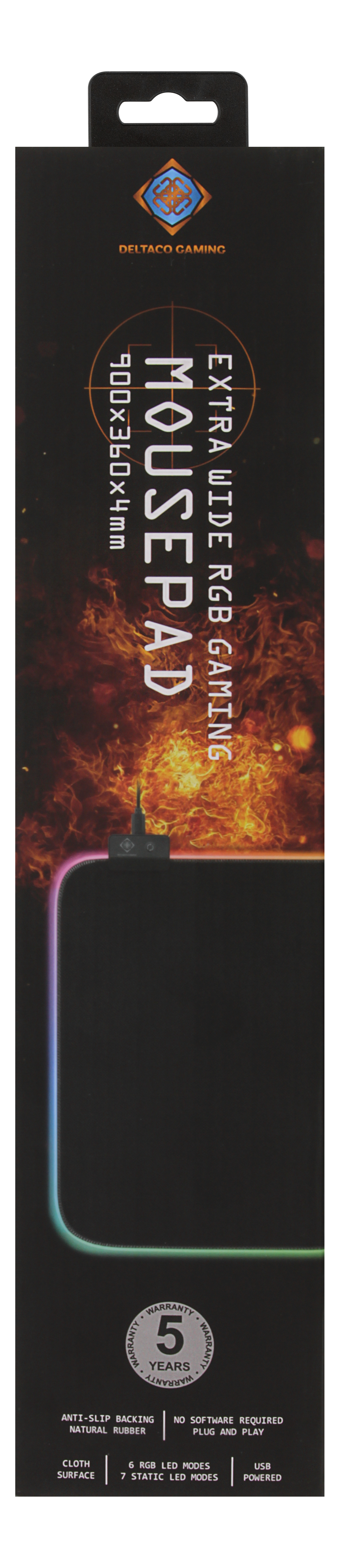 Extra brede RGB gaming muismat in een doos. De doos heeft afmetingen en een vurige achtergrond.