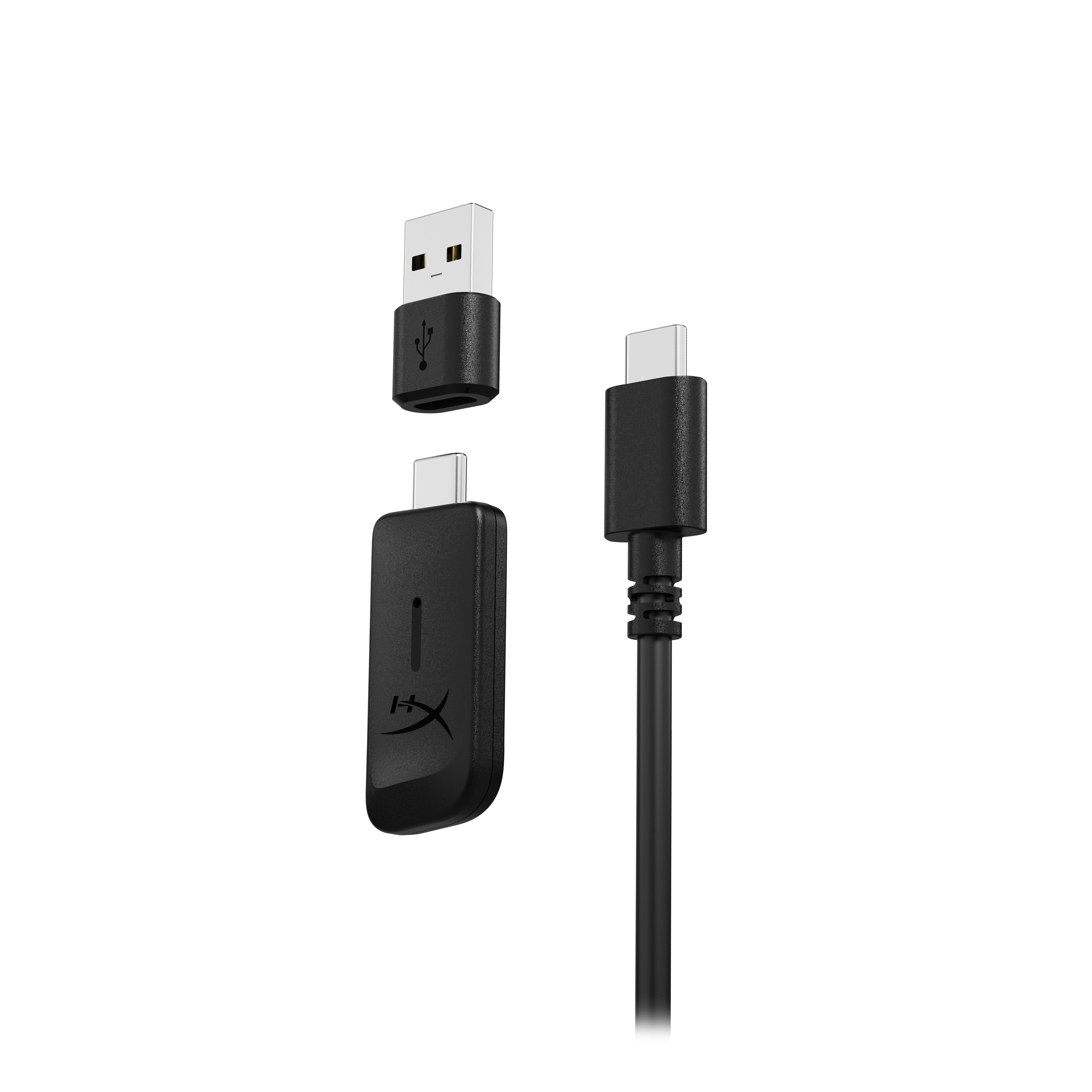 Czarny zestaw adaptera USB z adapterem USB-A na USB-C i kablem USB-C na USB-C.