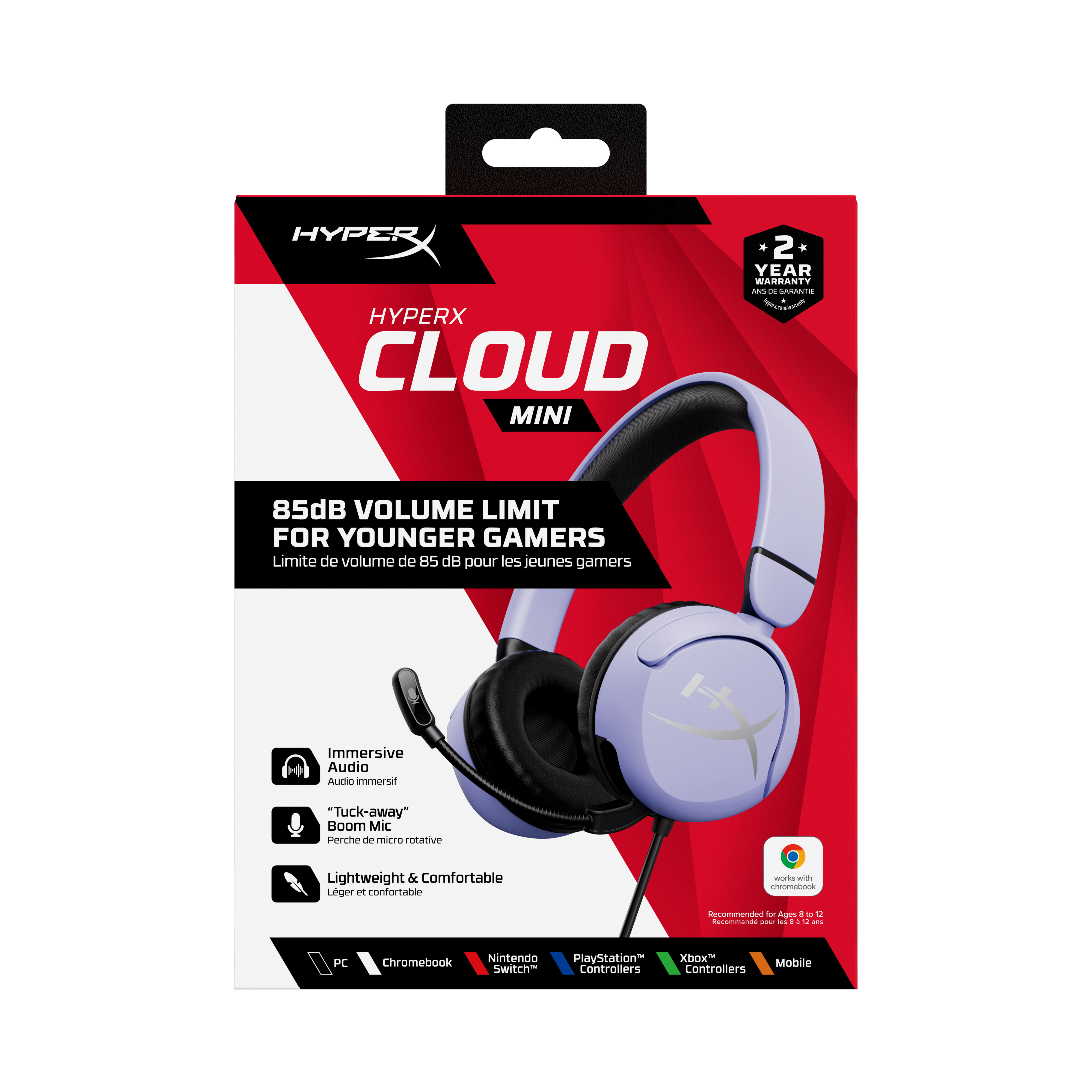 HyperX Cloud Mini headset box. Purple headset with a microphone.