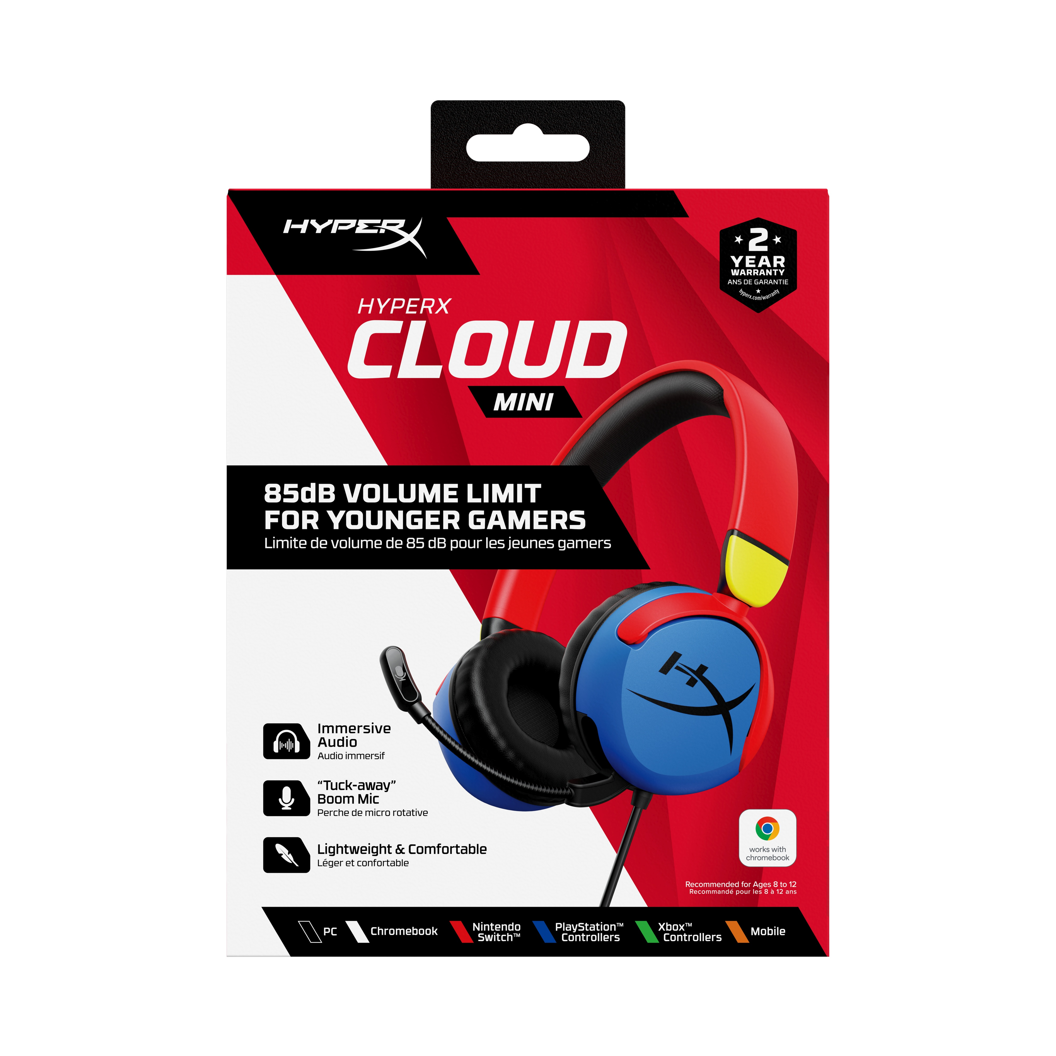 A red and blue HyperX Cloud Mini gaming headset in a colorful box.
