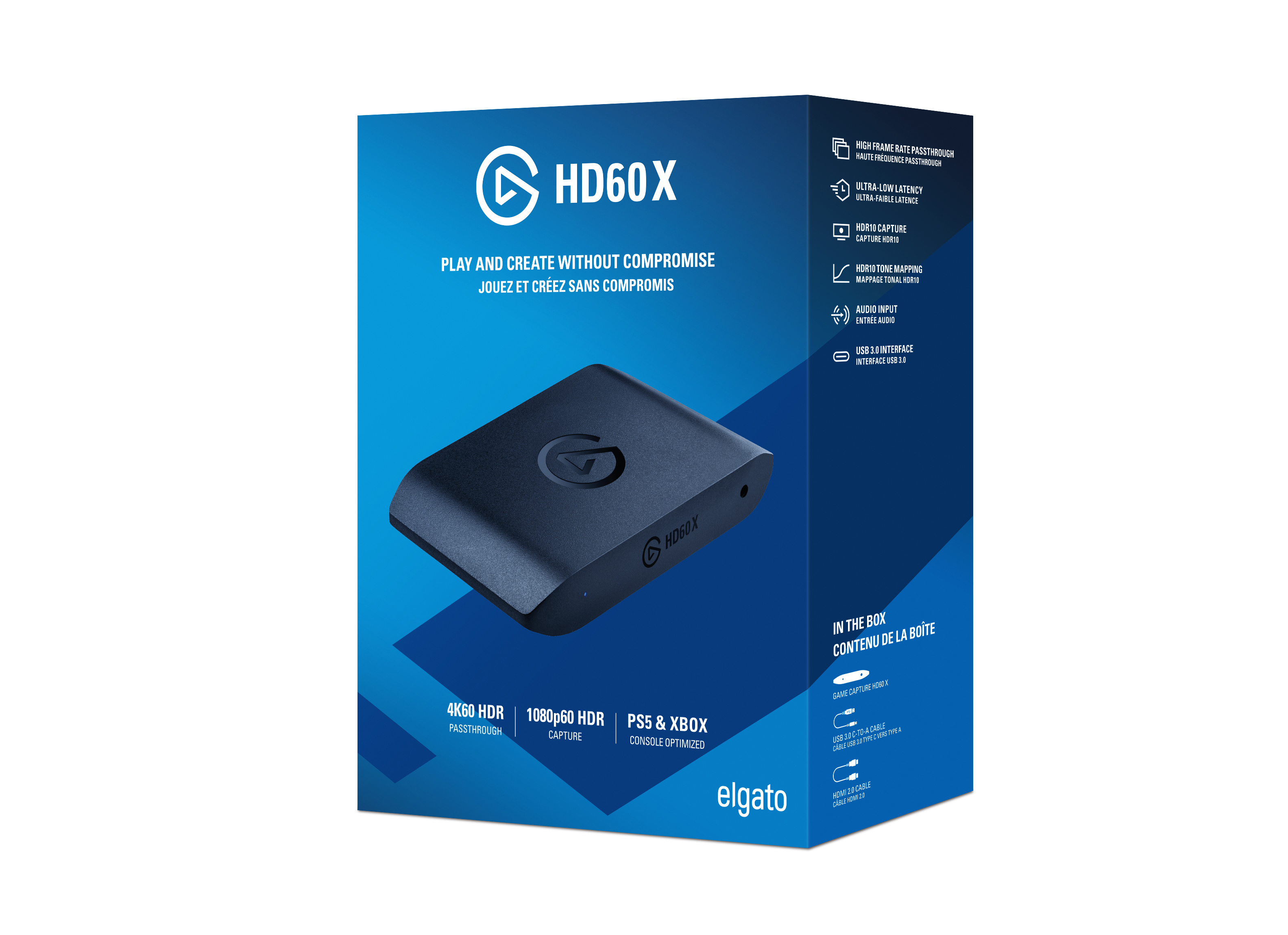 Pudełko urządzenia do przechwytywania gier HD60X Elgato. Wyświetla informacje o produkcie i funkcje.