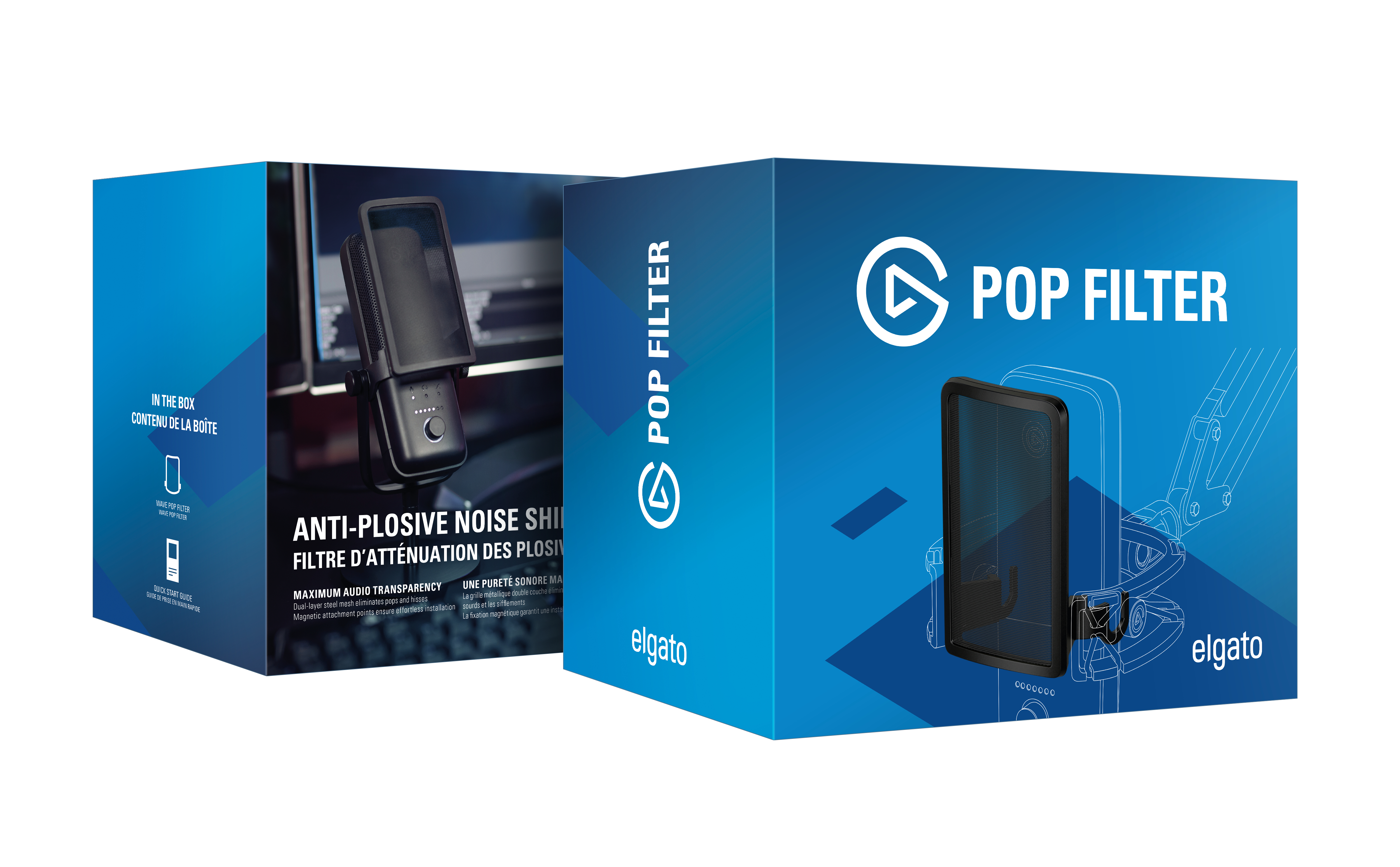 Due scatole blu Elgato Pop Filter. Una mostra un microfono e l'altra il Pop Filter.