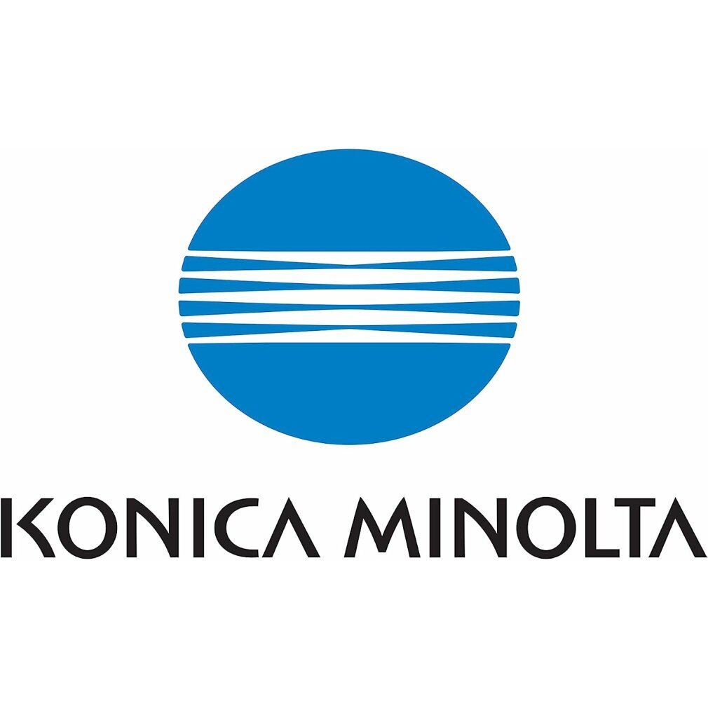 Het Konica Minolta-logo, een blauwe cirkel met een witte, gestileerde afbeelding en de tekst 'KONICA MINOLTA' eronder.