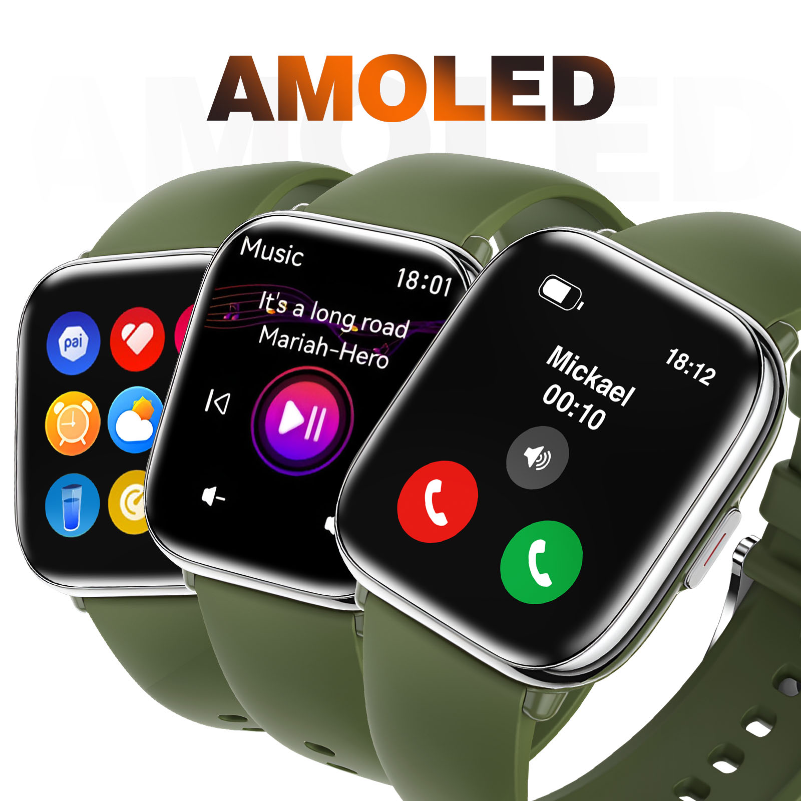 Trzy smartwatche z zielonymi paskami, wyświetlające różne interfejsy użytkownika.