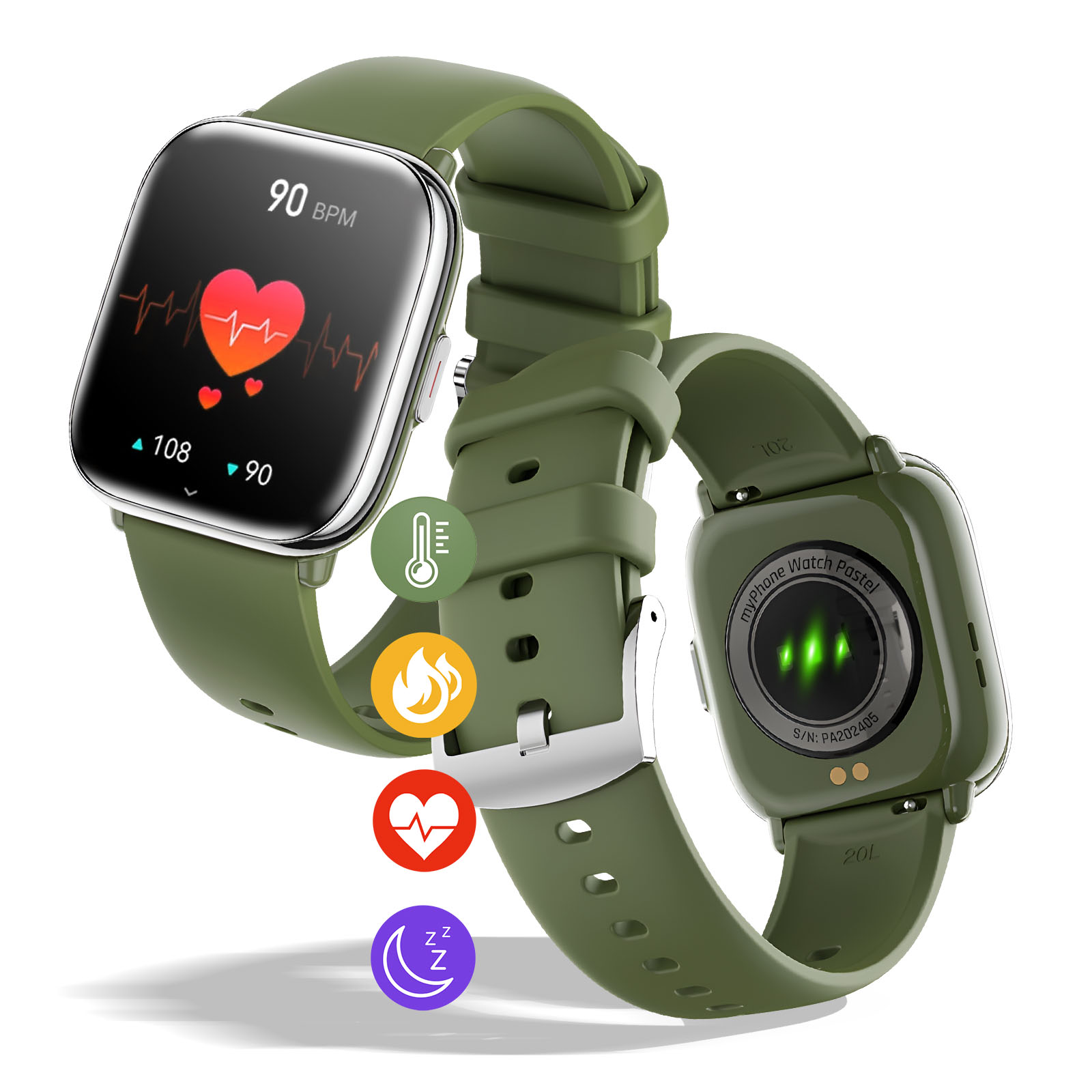 Smartwatch z oliwkowym paskiem. Pokazuje tętno, kroki i inne wskaźniki zdrowia.