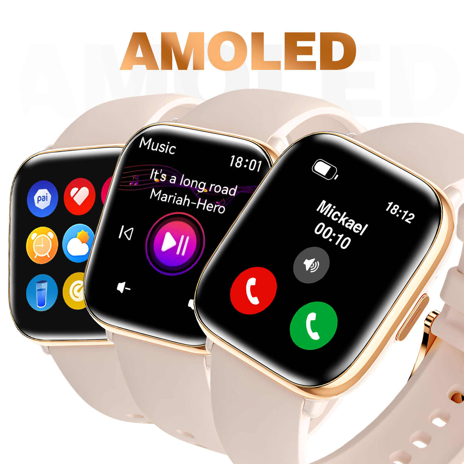 Tres smartwatches con diferentes pantallas. Texto AMOLED arriba. Cada reloj tiene una pantalla diferente.