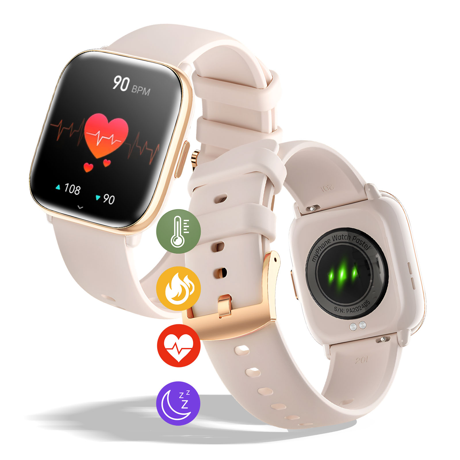 Dos smartwatches mostrando métricas de salud, uno con frecuencia cardíaca de 90 bpm.