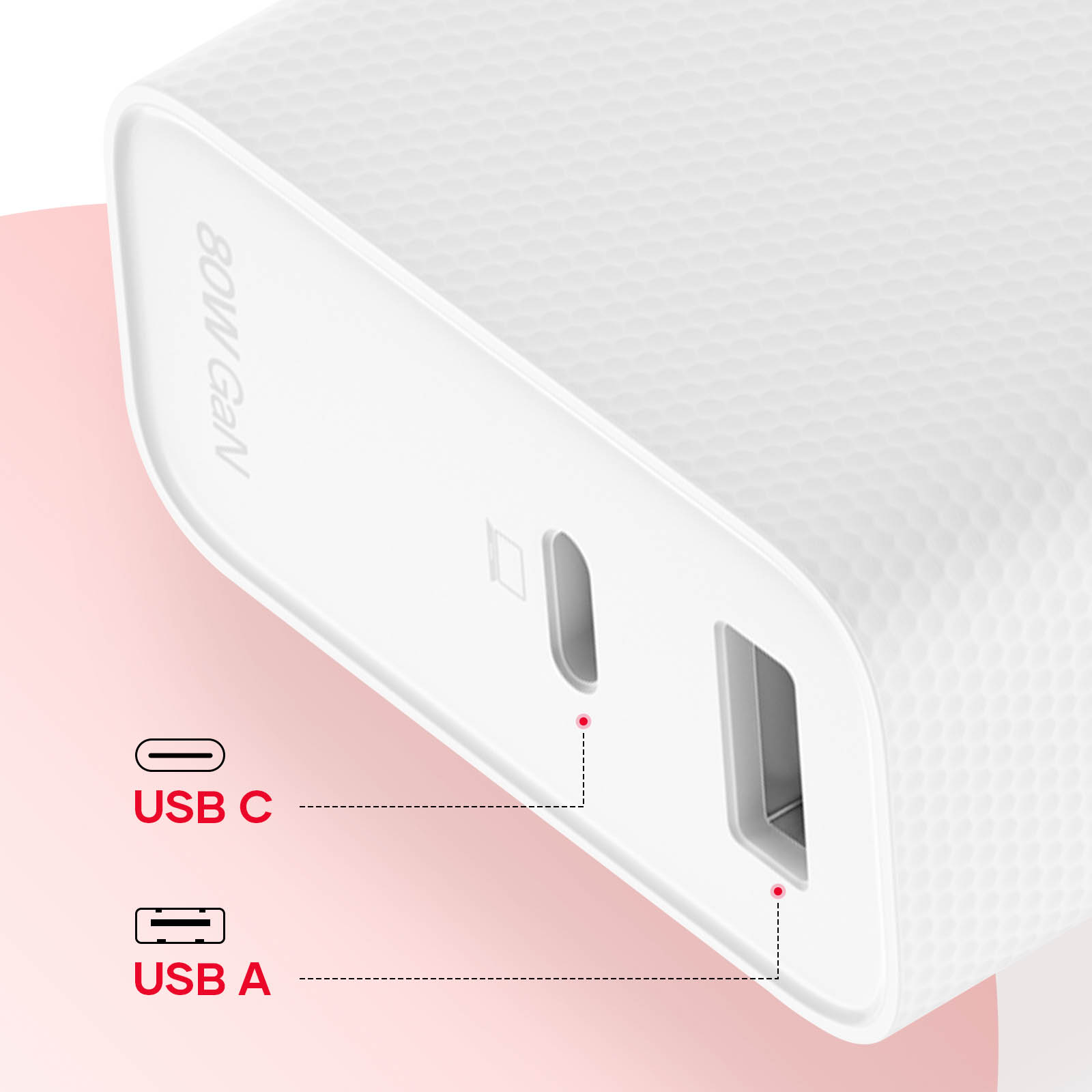 Biała ładowarka z portami USB-C i USB-A. 80W GAN jest napisane z boku.