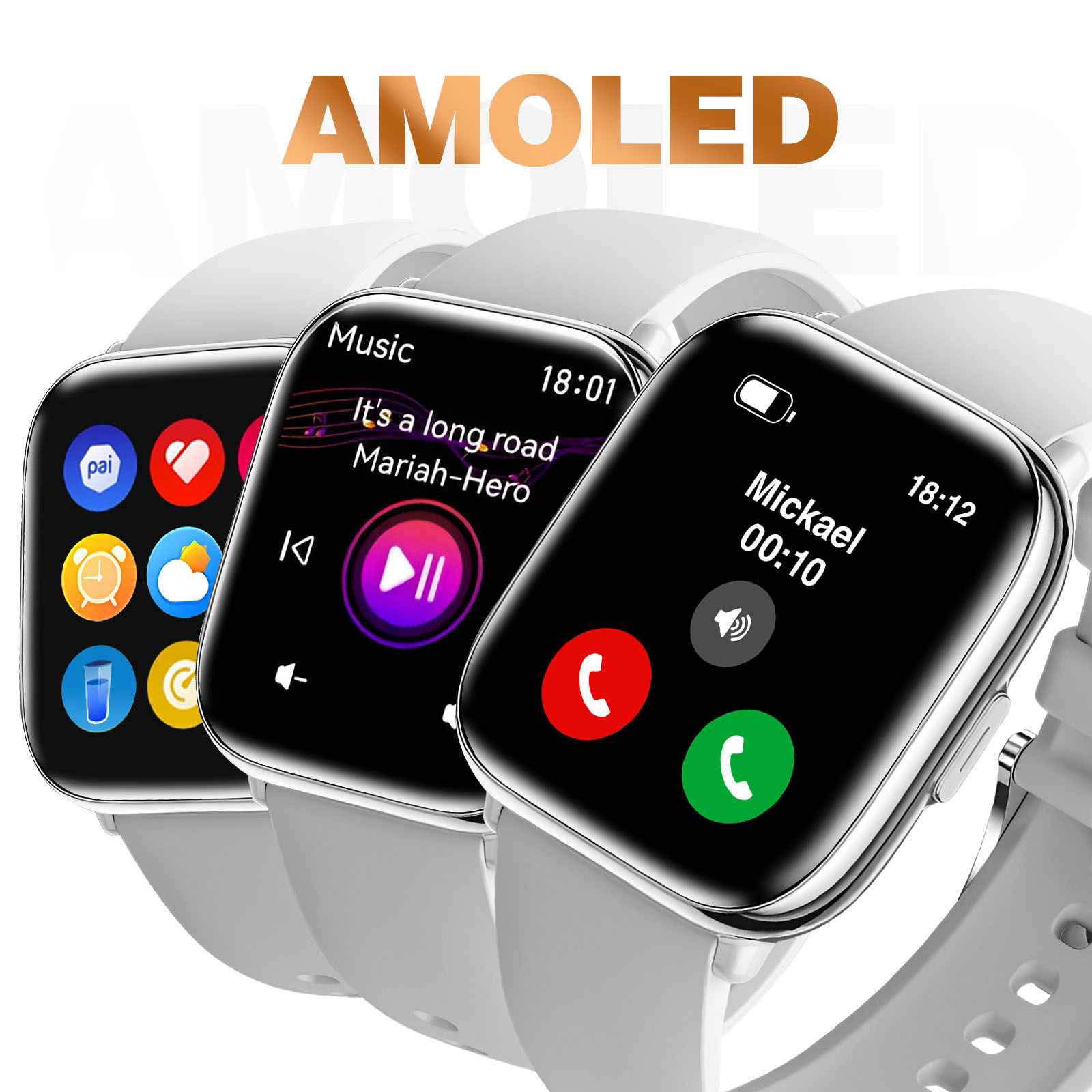 Trzy smartwatche z czarnymi ekranami wyświetlają informacje. Zegarki są białe z szarymi paskami.