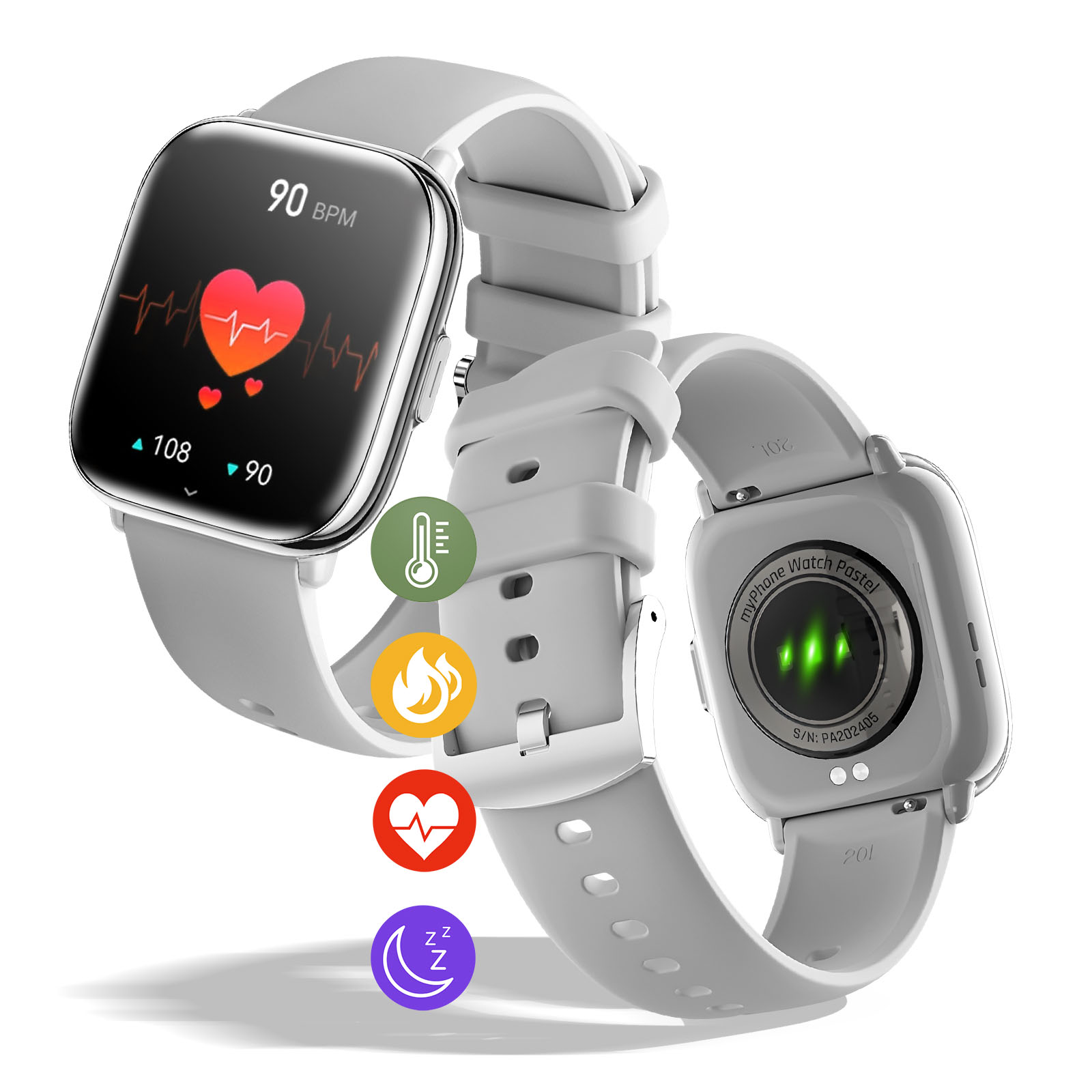 Smartwatch pokazujący tętno i inne dane, z ikonami, na białym tle.