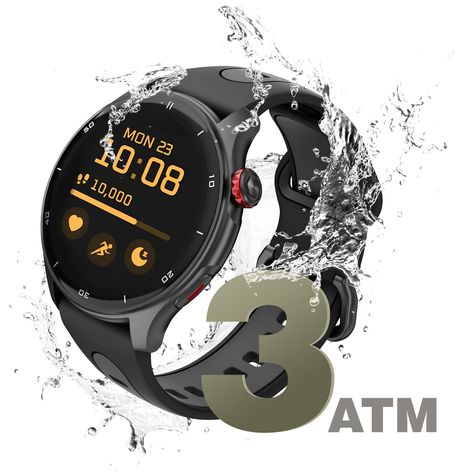 Czarny smartwatch z okrągłą tarczą, woda rozpryskuje się wokół i tekst.