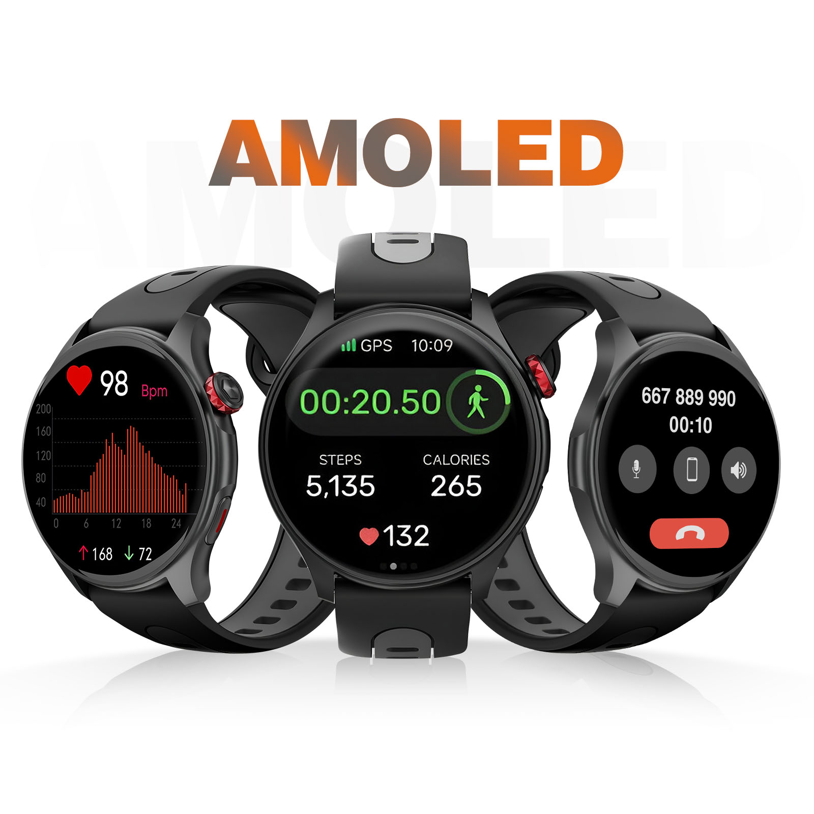 Trzy czarne smartwatche wyświetlające dane fitness na ekranach, z napisem AMOLED nad nimi.