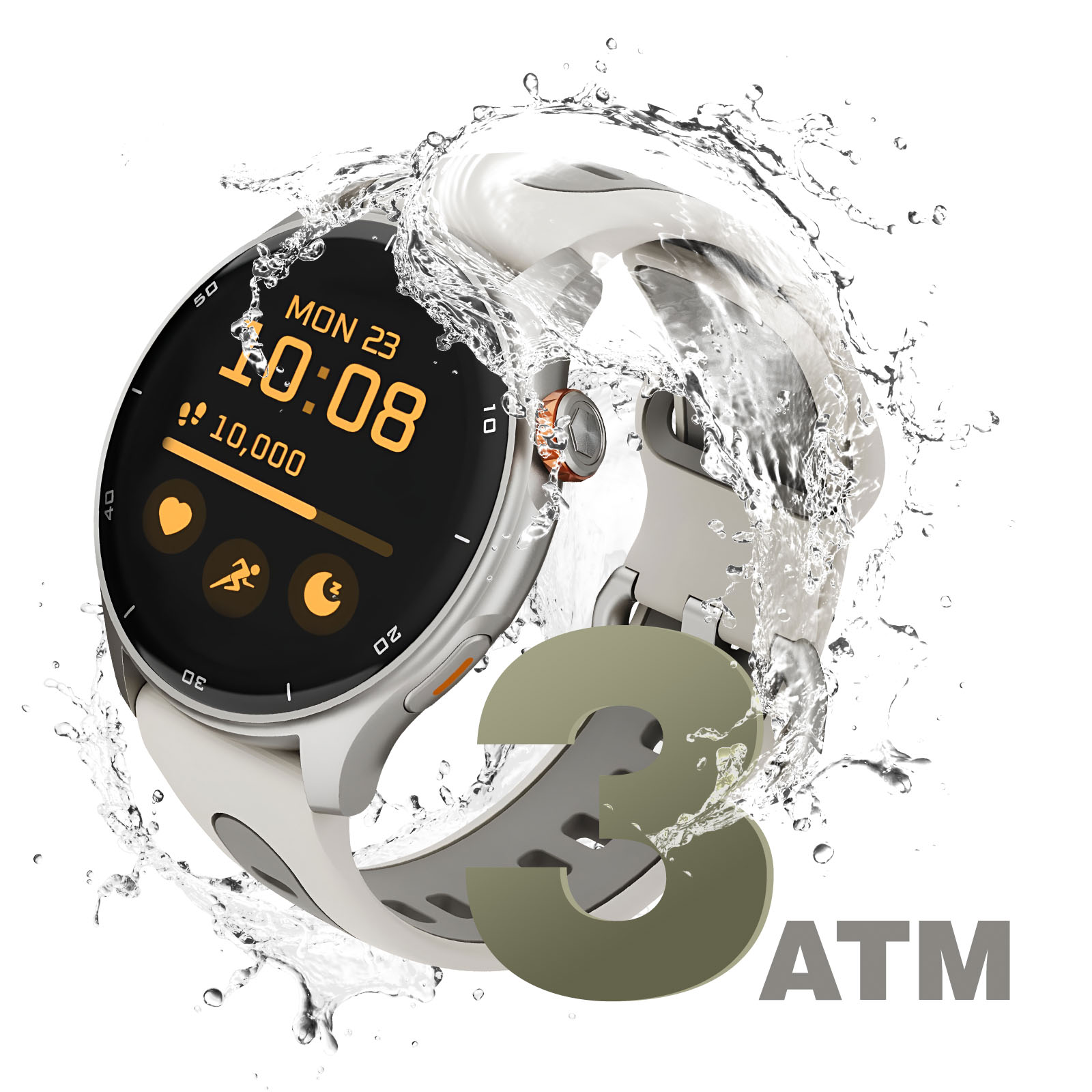 Une montre connectée avec un bracelet blanc, des éclaboussures d'eau et le chiffre 3.