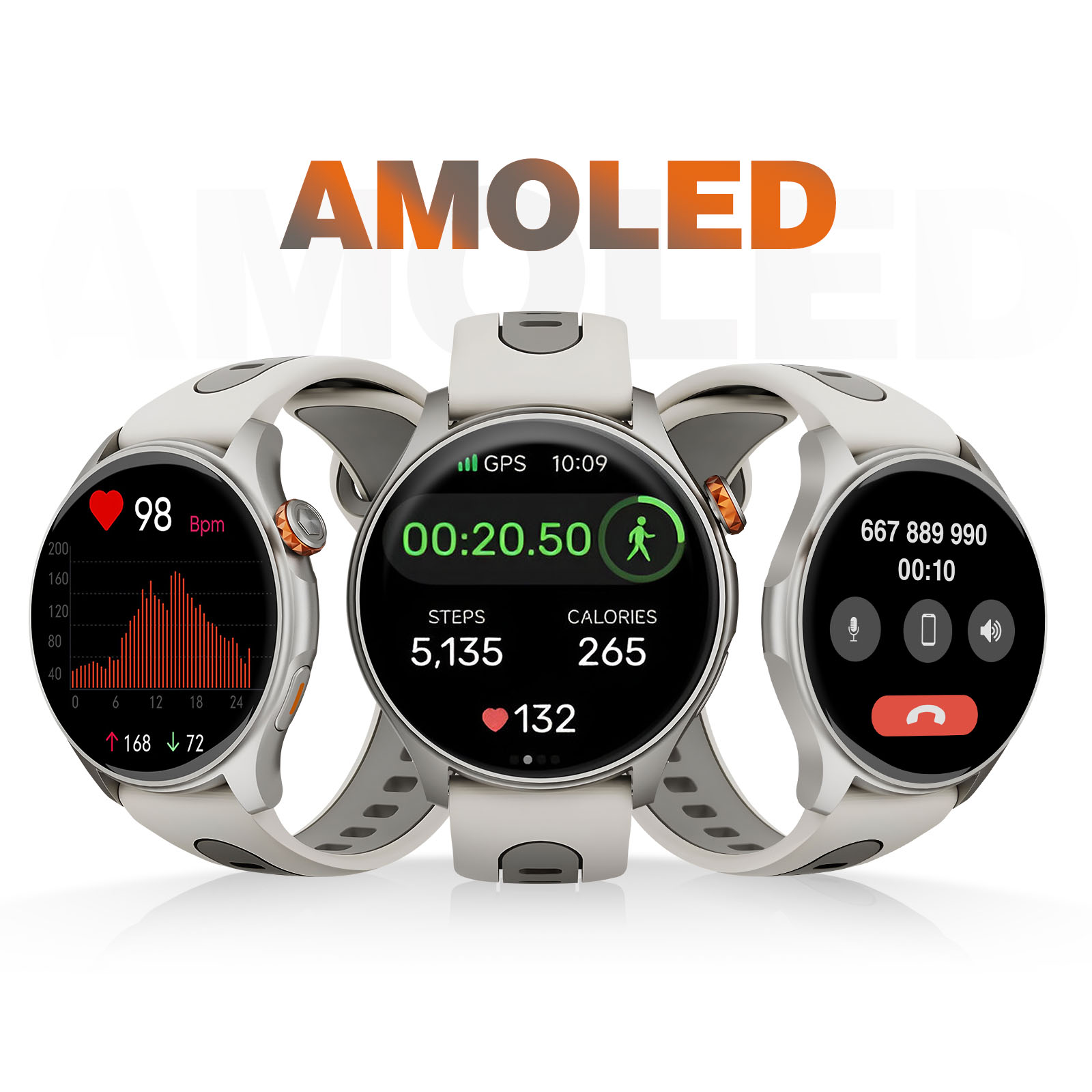Trois montres intelligentes. Les écrans affichent la fréquence cardiaque, les pas, les calories et l'heure. Le mot AMOLED est au-dessus des montres.