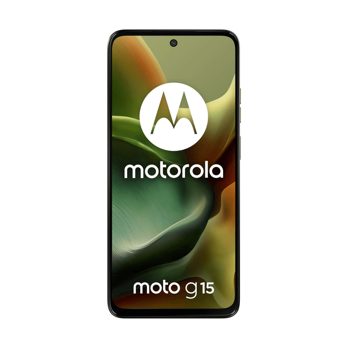 Smartfon Motorola Moto G15, czarny ekran z logo, białe tło.