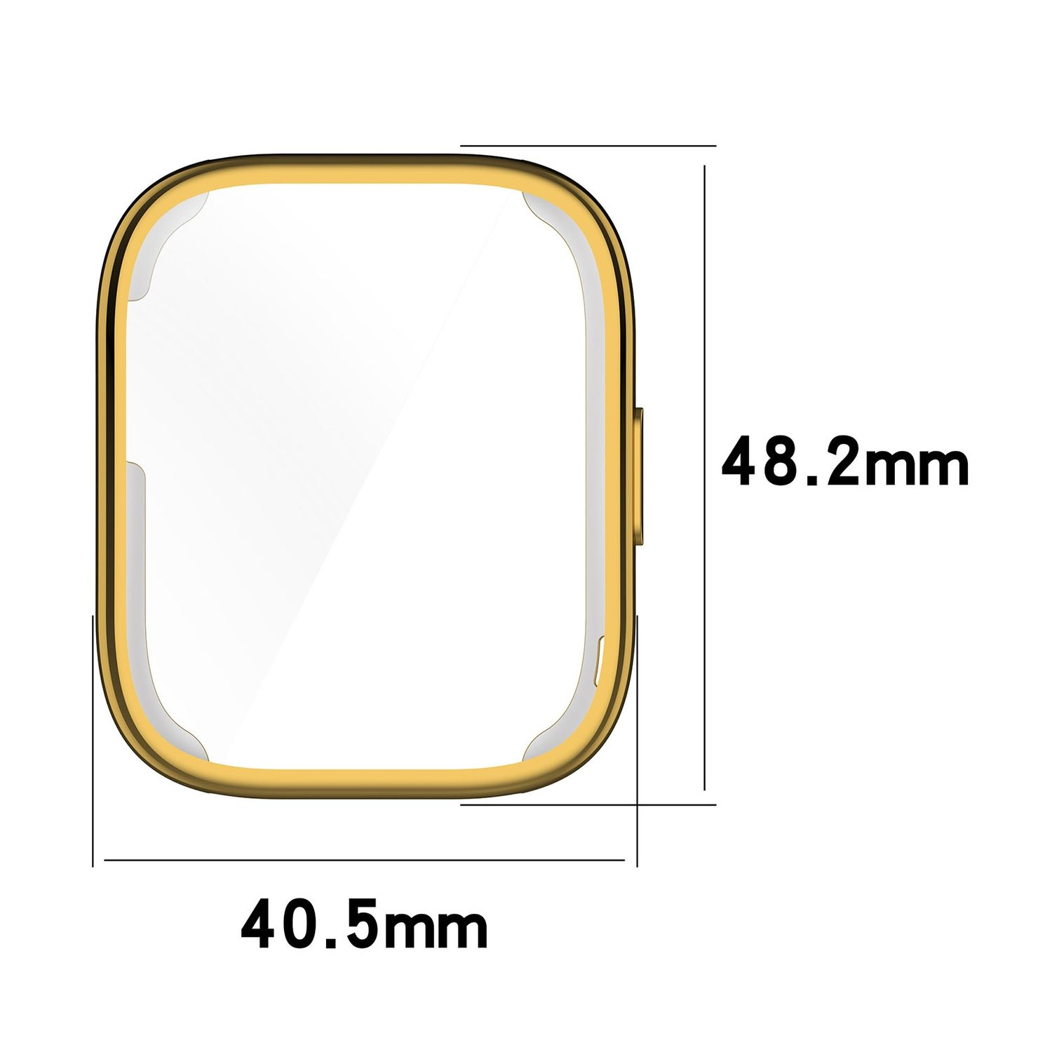 Goldener Uhren-Bildschirmschutz. Abmessungen beschriftet. Weißer Hintergrund.