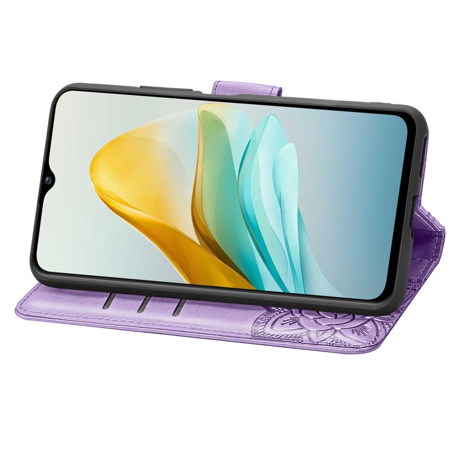 Eine offene lila Handyhülle, die ein Handy zeigt. Blumendesign unten. Der Telefonbildschirm ist an.