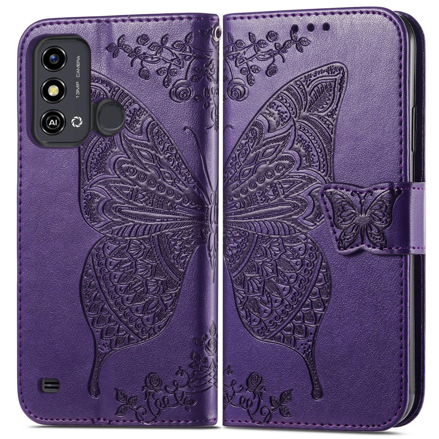 Eine lila Handyhülle mit Schmetterlingsdesign. Sie ist geöffnet und zeigt den Bildschirmbereich des Telefons und einen kleinen Schmetterling.
