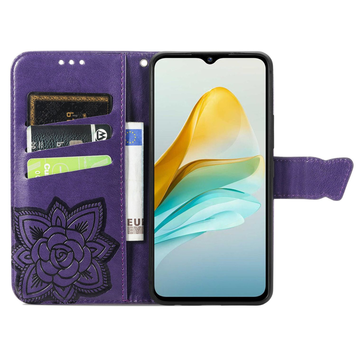 Lila Handyhülle mit Blume. Das Handy ist offen und zeigt einen gelb-weißen Hintergrund.