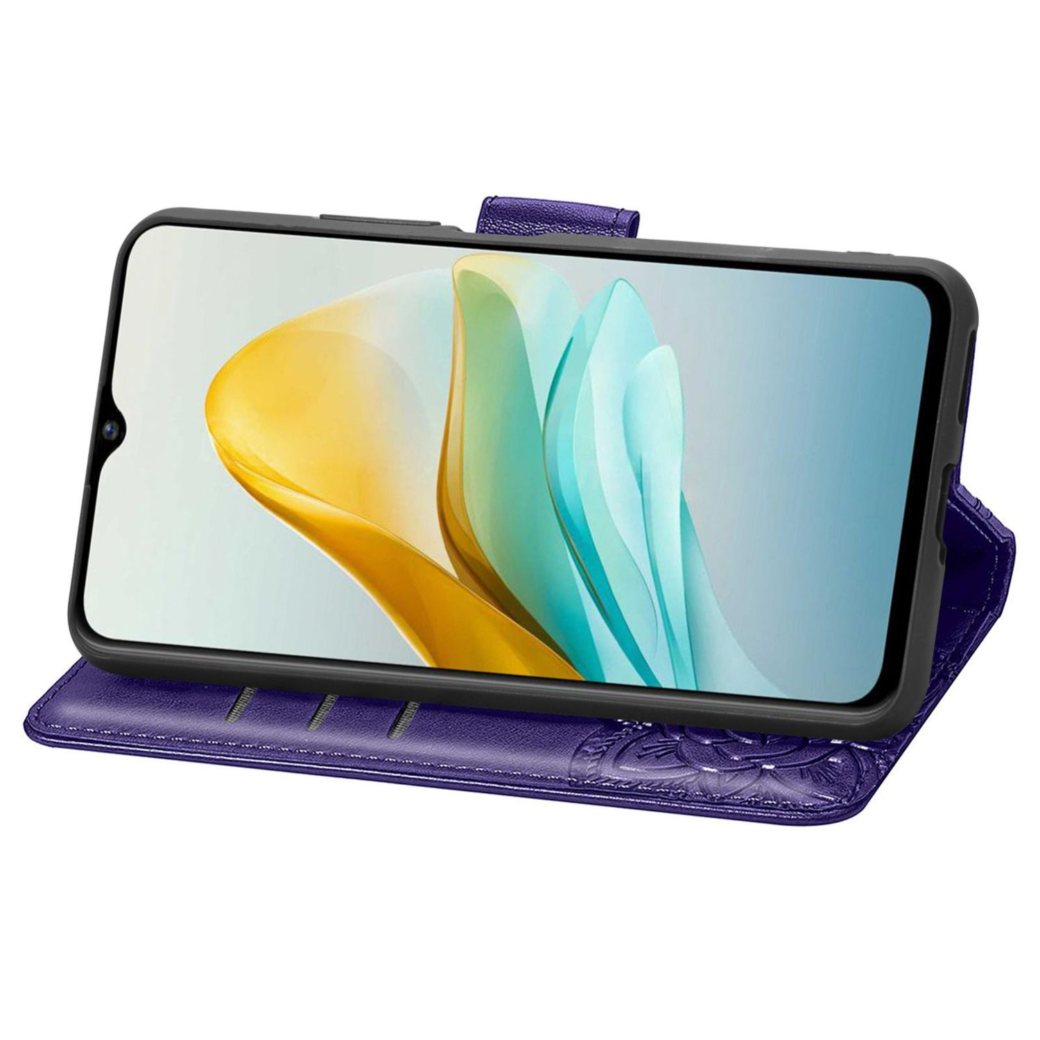 Lila Handyhülle mit Handy, das ein farbenfrohes Bild zeigt. Die Hülle ist auf einer weißen Oberfläche geöffnet.