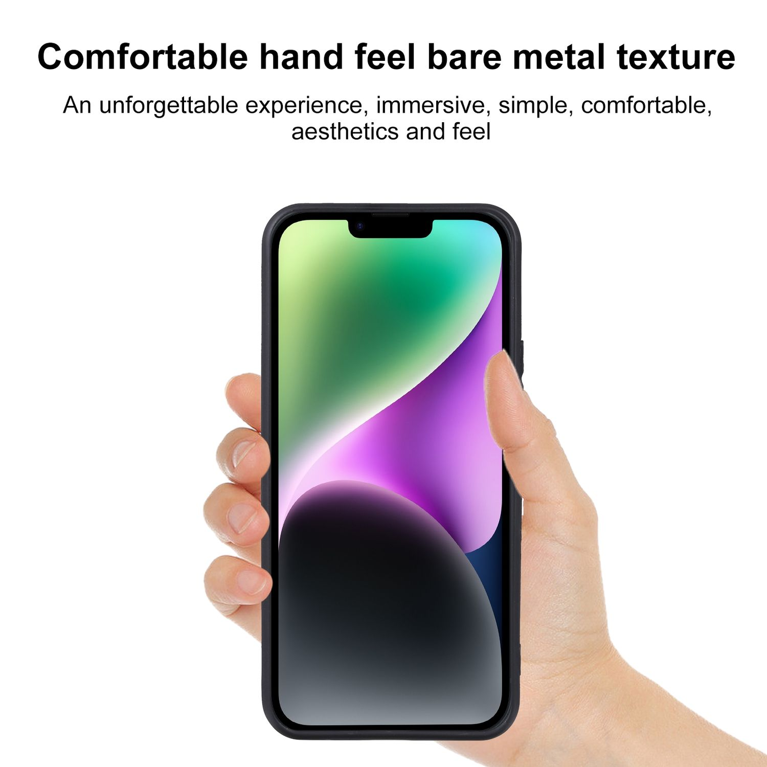 Mano sosteniendo un smartphone negro. La pantalla del teléfono es negra. Fondo blanco.