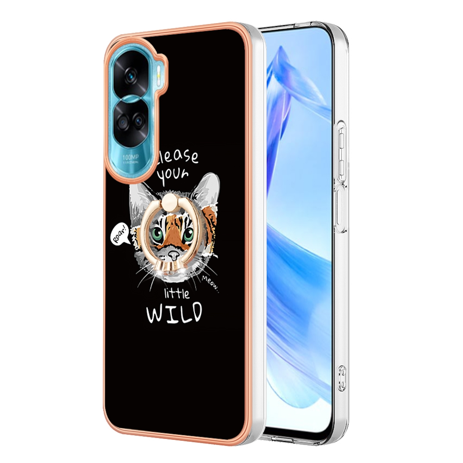 Schwarze Handyhülle mit Tiger-Cartoon-Design und Telefon.